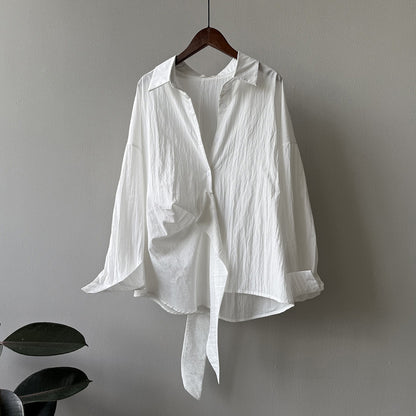 【トップス】テンセルコットン ウエストリボン シャツ レディース 秋新作 開襟シングルボタン ゆったり細見え シャツ【JZシリーズ】