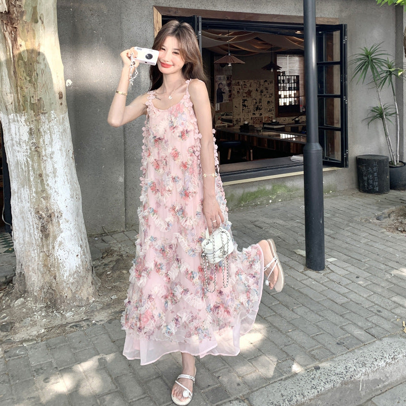 【ワンピース】ピンクロマンチック風 立体フラワー花柄 ノースリーブワンピース【SHシリーズ】