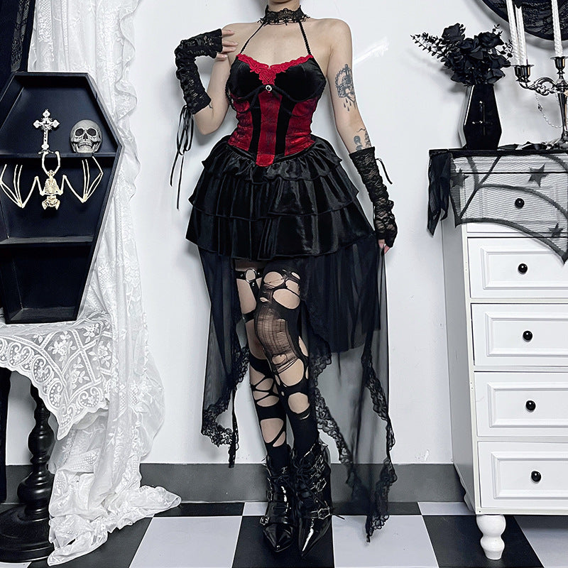 【ハロウィン】コスプレ セクシー ガール コスチューム カラーブロック 気質 タイト ウエストシェイプ ハイネック キャミソール＋ミニスカート