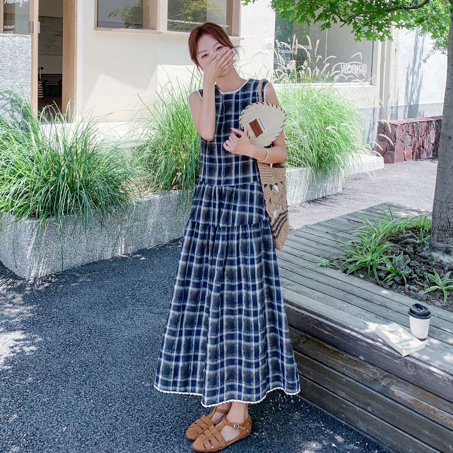 【ワンピース】フレンチリラックス感 カジュアルで細見え 気質 レトロチェック ノースリーブワンピース【SHシリーズ】