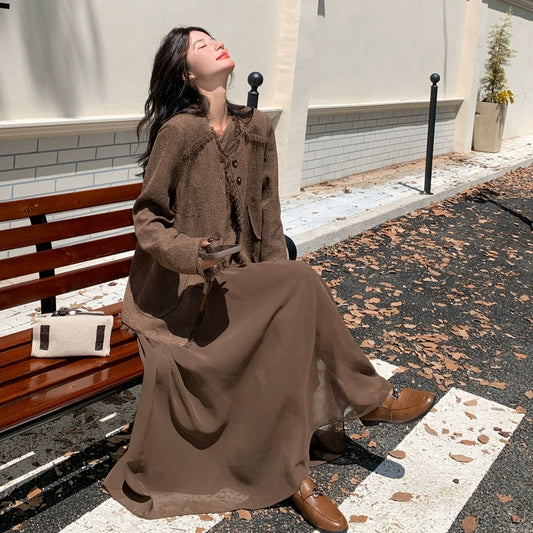 2点セット！【セットアップ】レトロ フレンチスタイル ジャケット＋キャミソールワンピース 秋新作 上品 気質 上下セット【JZシリーズ】