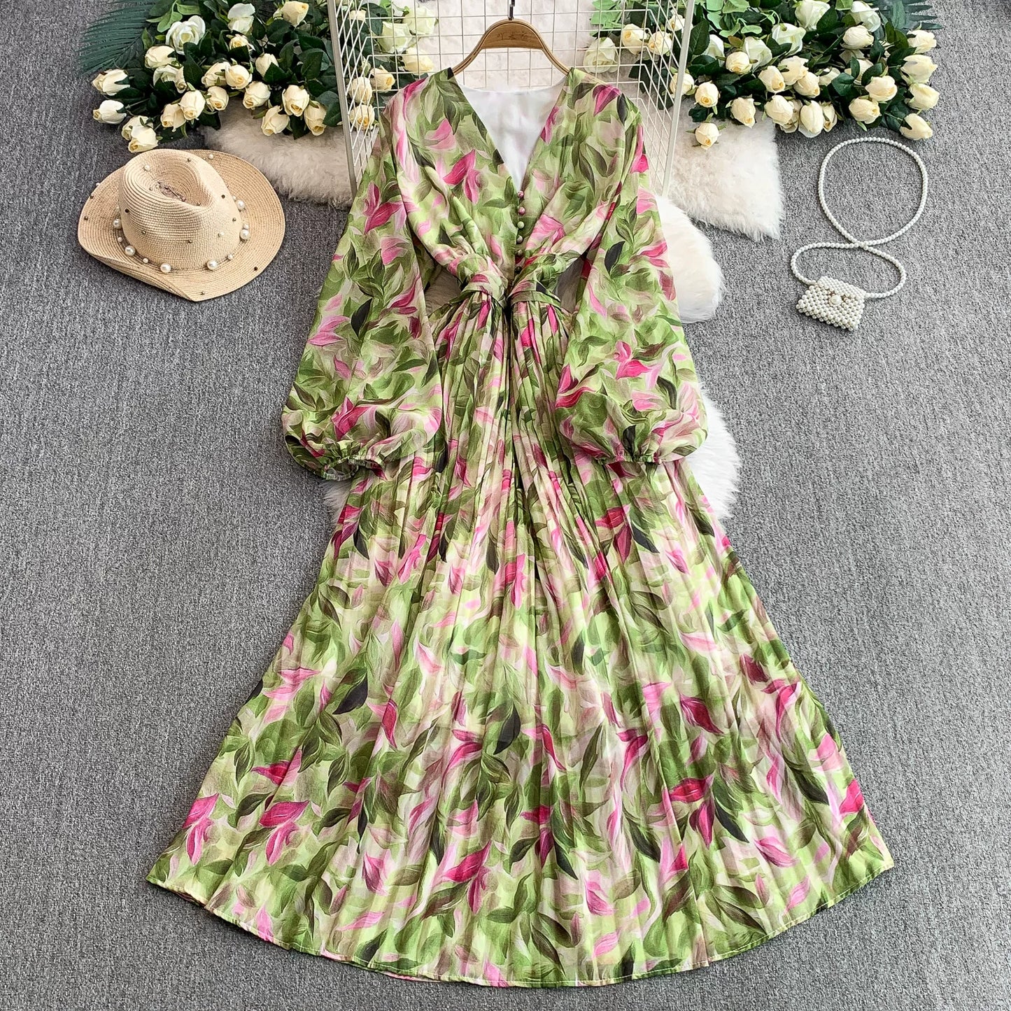 【ワンピース】大人フェミニン♡フレンチレトロ 長袖 花柄ワンピース｜ウエストマーク＆パフスリーブで細見え【SHシリーズ】