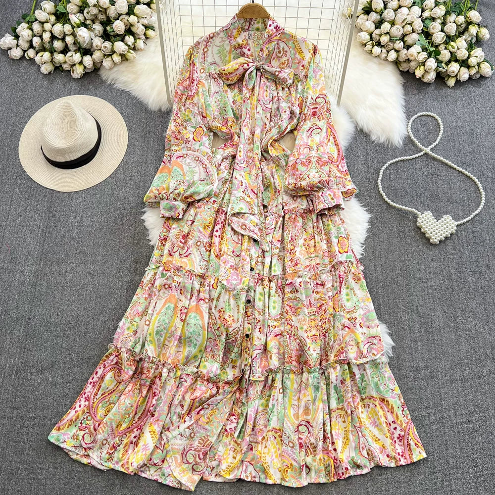 【ワンピース】シングルボタン プリント レディライク フレア 長袖 ワンピース 【SHシリーズ】