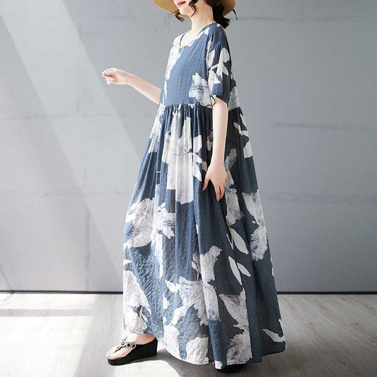 【ワンピース】夏 プリント 花柄 ゆるリラックス ラウンドネック 半袖 ワンピース 【SHシリーズ】