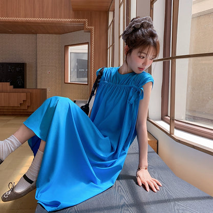 【ワンピース】韓国風 無地ルーズ ノースリーブワンピース 夏 抽紐デザイン ビーチリゾートロングドレス【JZシリーズ】