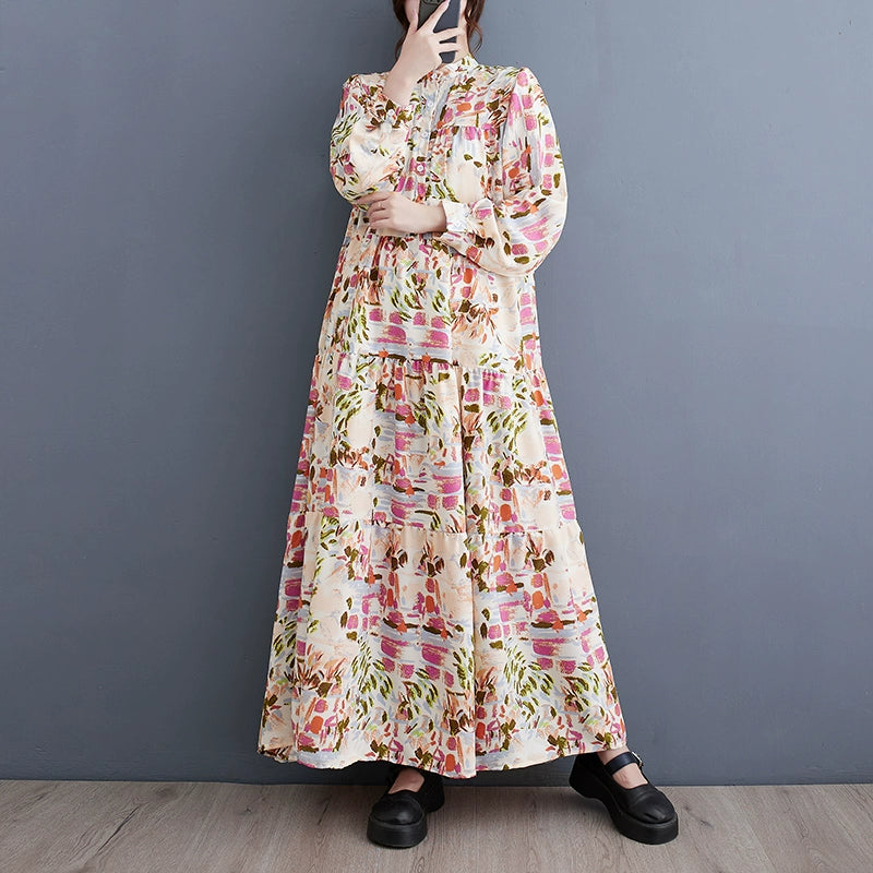 【ワンピース】春秋 花柄ゆったり 長袖ワンピース レディース カジュアル＆オシャレ 韓国風 ロング丈【JZシリーズ】