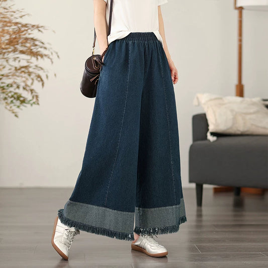 【ボトムス】レトロデニムワイドパンツ レディース 裾フリンジ加工 ゆったりシルエット【JZシリーズ】