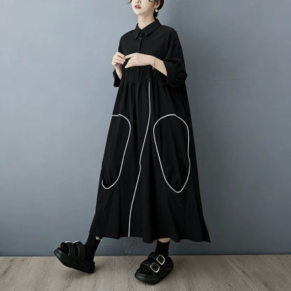 【ワンピース】ダークモードアシンメトリーデザイン配色シャツワンピース レディース 2026春秋新作 韓国風 カジュアル【JZシリーズ】