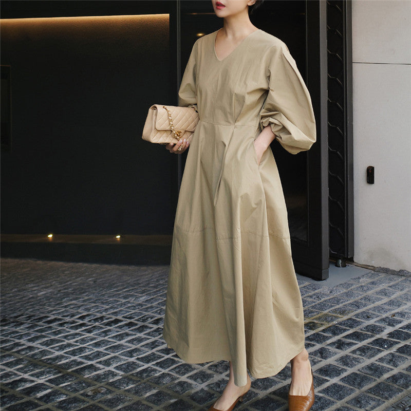 【ワンピース】春秋 ゆったり プラスサイズ Vネック ランタンスリーブ 長袖ワンピース