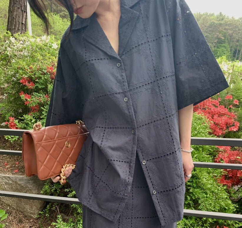 【セットアップ】【単品注文】透かし編み かぎ針編みレース シャツ + スカート 2点上下セット 【JZシリーズ】