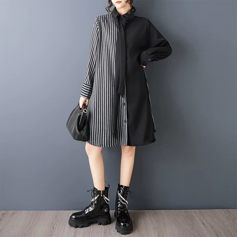 【ワンピース】ダークデザイン 無地×ストライプ 切替 長袖 ワンピース ゆったり【AHシリーズ】