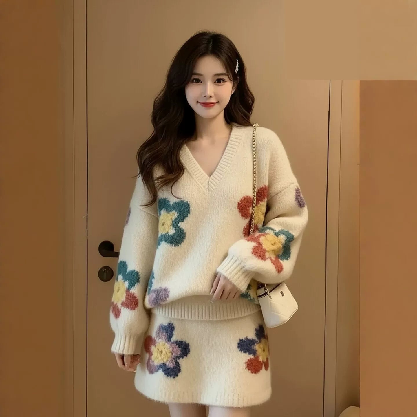 【セットアップ】韓国風 スウィート 着痩せ 合わせやすい ニットセーター+スカート 2点セット【SHシリーズ】