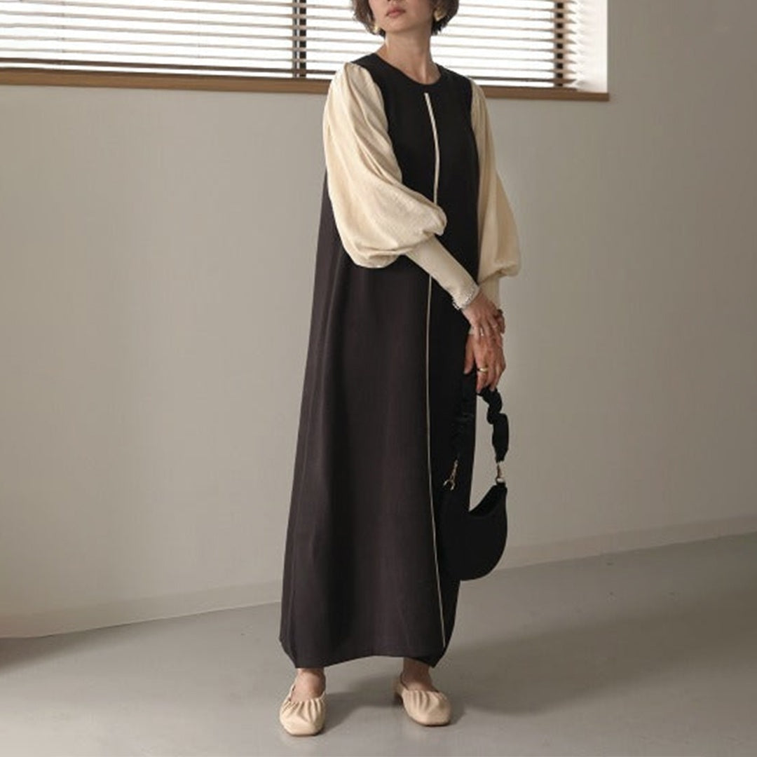 【24AW】【ワンピース】日系 ラウンドネック シンプル 長袖ワンピース