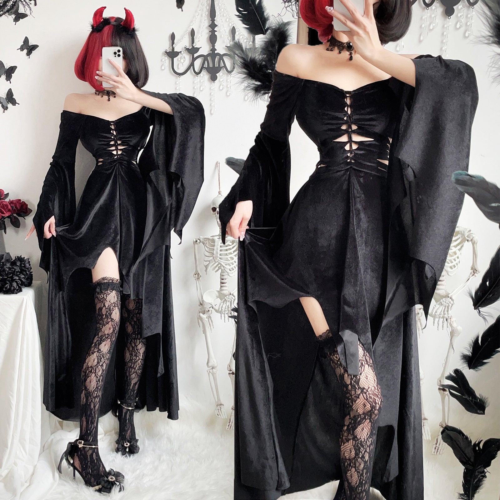 ハロウィン】ゴシック ダーク 魔女 吸血鬼 死神 ロングドレス ブラック ハロウィン】ゴシック ダーク 魔女 吸血鬼 死神 ロングドレス ブラック
