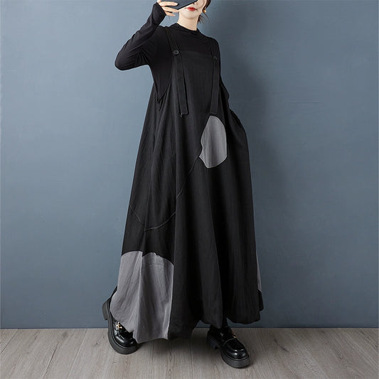 【ワンピース】ドット柄 切替し バルーン サスペンダースカート 女子力 デザイン感 ノースリーブワンピース【JZシリーズ】