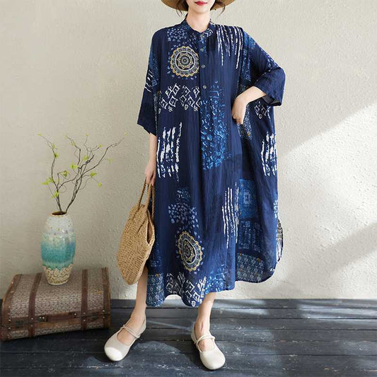 【ワンピース】夏 コットンリネン 立襟 花柄 半袖 ワンピース 【SHシリーズ】