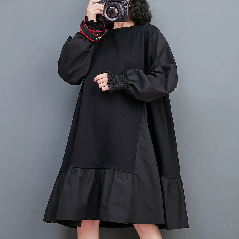 【60%OFF⭐️早い者勝ち】【ワンピース】韓国風 ゆったり 大きいサイズ 体型カバー クルーネック 切替 長袖 スウェットワンピース【AHシリーズ】