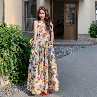 【ワンピース】夏 バカンス風 ロマンティック ドーパミン フラワープリント ノースリーブワンピース【SHシリーズ】