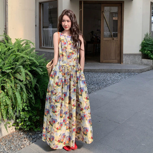 【ワンピース】夏 バカンス風 ロマンティック ドーパミン フラワープリント ノースリーブワンピース【SHシリーズ】