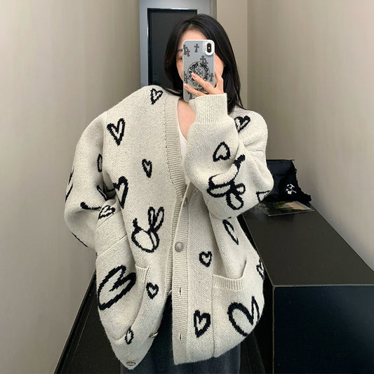 【アウター】レトロ ルーズ ゆるめ 厚手 Vネック ニットセーター カーディガン  【FCシリーズ】