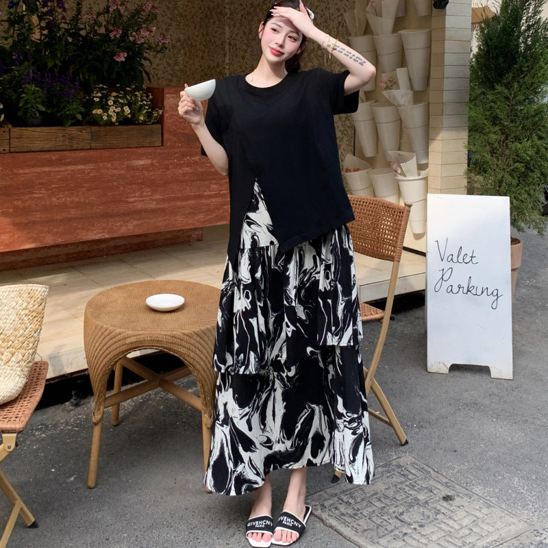 【ワンピース】🌞夏新作 大きいサイズ レディース 半袖 重ね着風ワンピース 墨柄 ゆったり ロング丈 体型カバー【SHシリーズ】