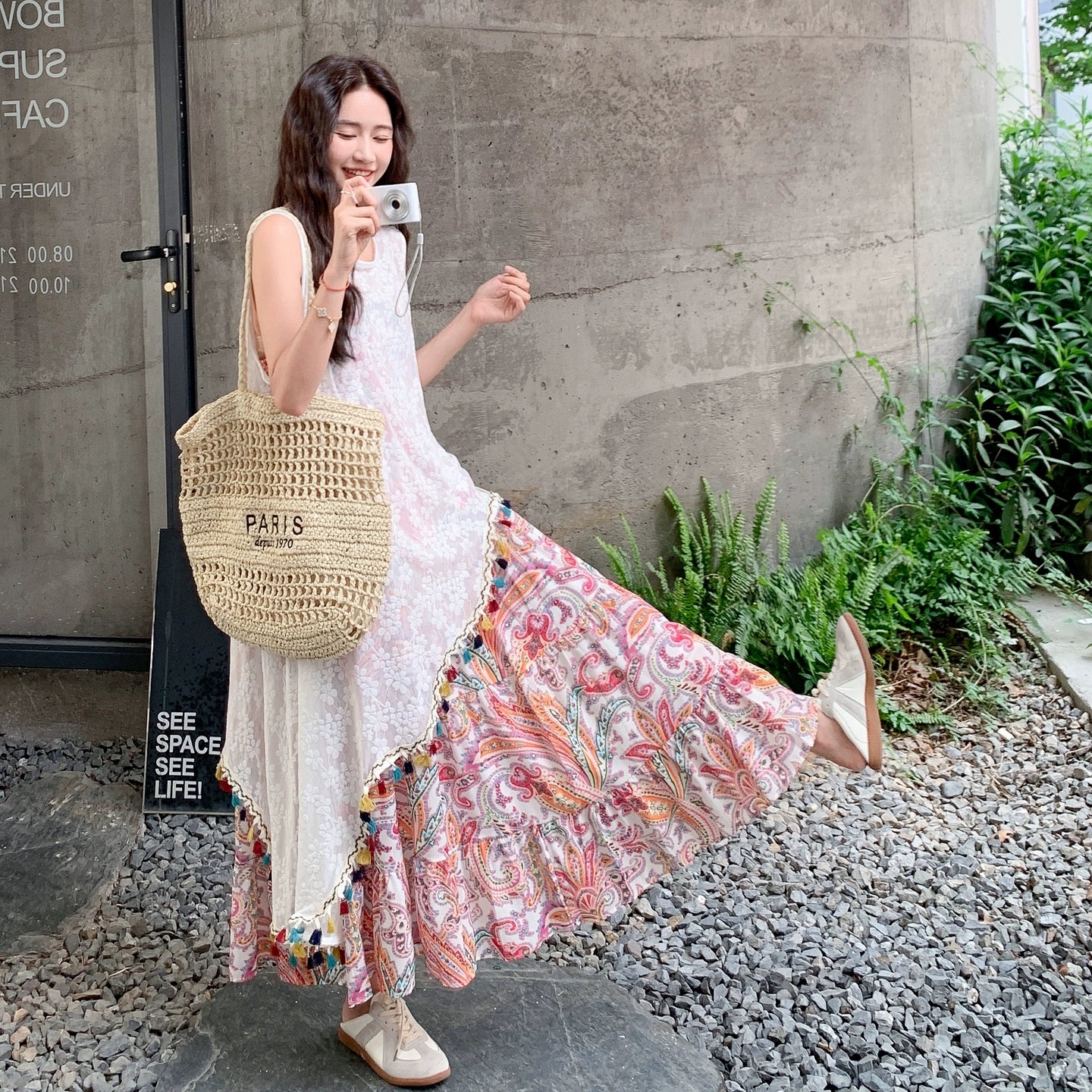 2点セット！【セットアップ】ボヘミアンレース刺繍シアーカーデ＋花柄ノースリーブワンピース レイヤード風上下セット【SHシリーズ】