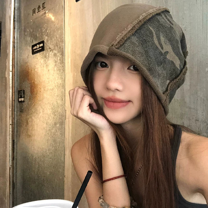 【グッズ】迷彩ロールワッチ 春秋 小顔見え Y2K風 包頭 ニット帽 個性デザイン