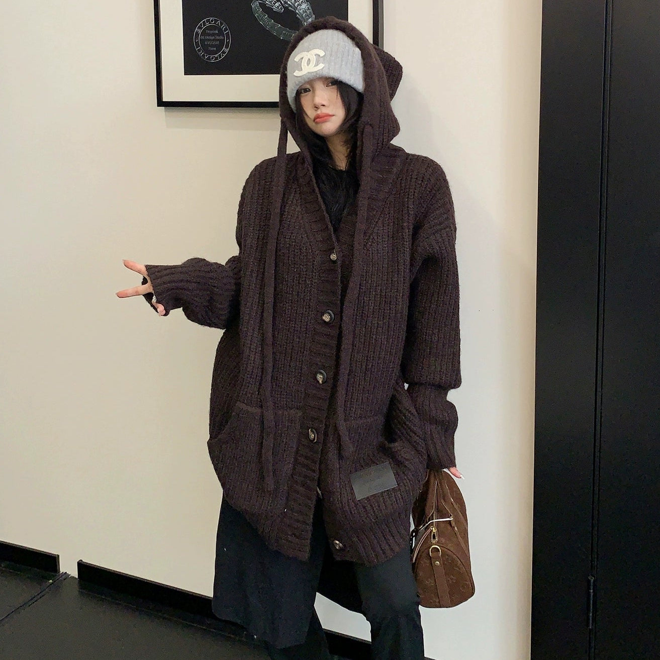 【アウター】レトロ ヘビーゲージ 厚手 フード付き ニットセーター カーディガン【FCシリーズ】