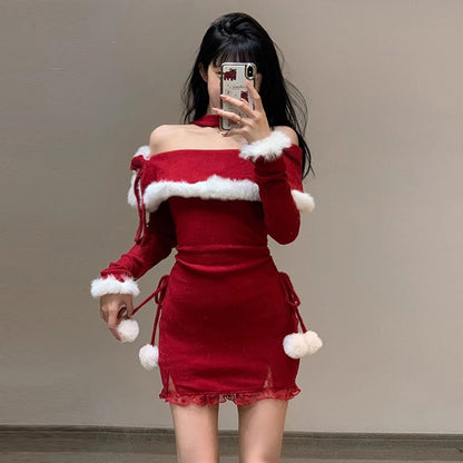 【クリスマス】セクシー クリスマス風 オフショルダー ファーワンピース 誕生日ミニドレス