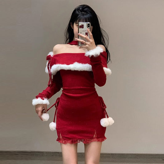 【クリスマス】セクシー クリスマス風 オフショルダー ファーワンピース 誕生日ミニドレス