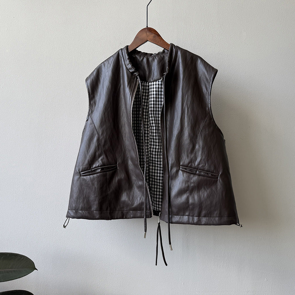 【トップス】春 秋 冬 秋新作 フレンチ デザイン ノースリーブ レザーベスト 【JZシリーズ】