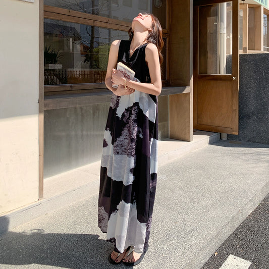 【ワンピース】夏新作 レトロ水墨風プリント リラックス感Vネック ノースリーブワンピース【SHシリーズ】