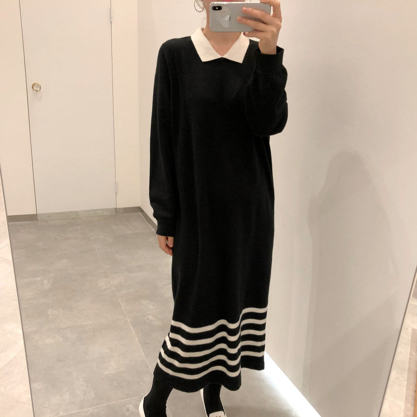 【24AW】【ワンピース】韓国風 しま模様 配色 合わせやすい 着痩せ 長袖ワンピース