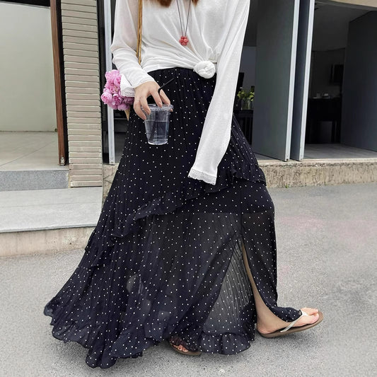 【ボトムス】新作 ドット柄 垂れ感 シルエット ウエストゴム ハイウエストスカート【SHシリーズ】