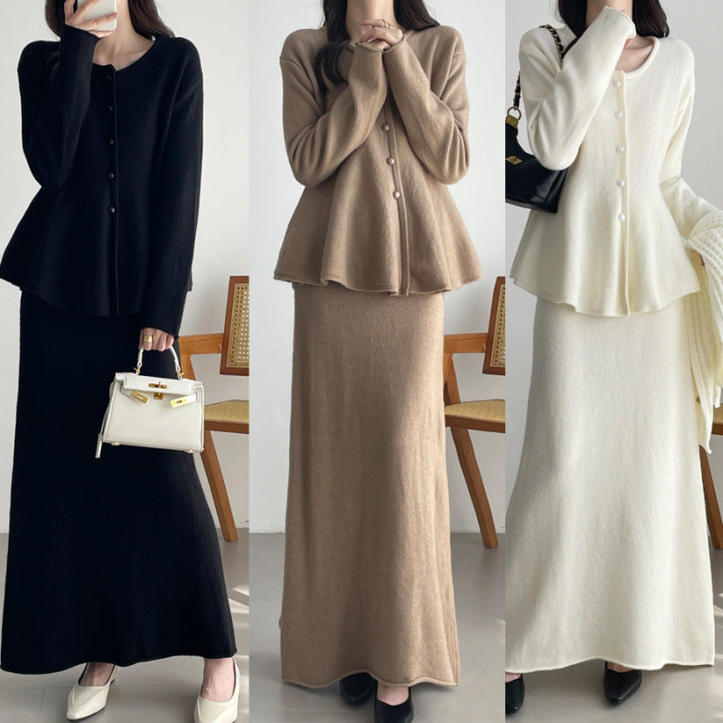 【セットアップ】春 秋 冬 ニットカーディガン + フロア丈 ロングスカート 2点上下セット 【SNシリーズ】