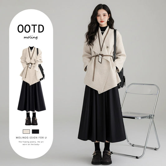 【ワンピース】春 秋 冬 シャネル風 ニット アウター + ブラック ワンピース 2点 上下セット 【JZシリーズ】