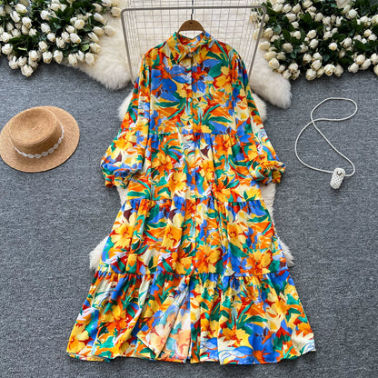 【60%OFF⭐️早い者勝ち】【ワンピース】プリント シングルボタン シャツ ロング丈 長袖 ワンピース 【SHシリーズ】