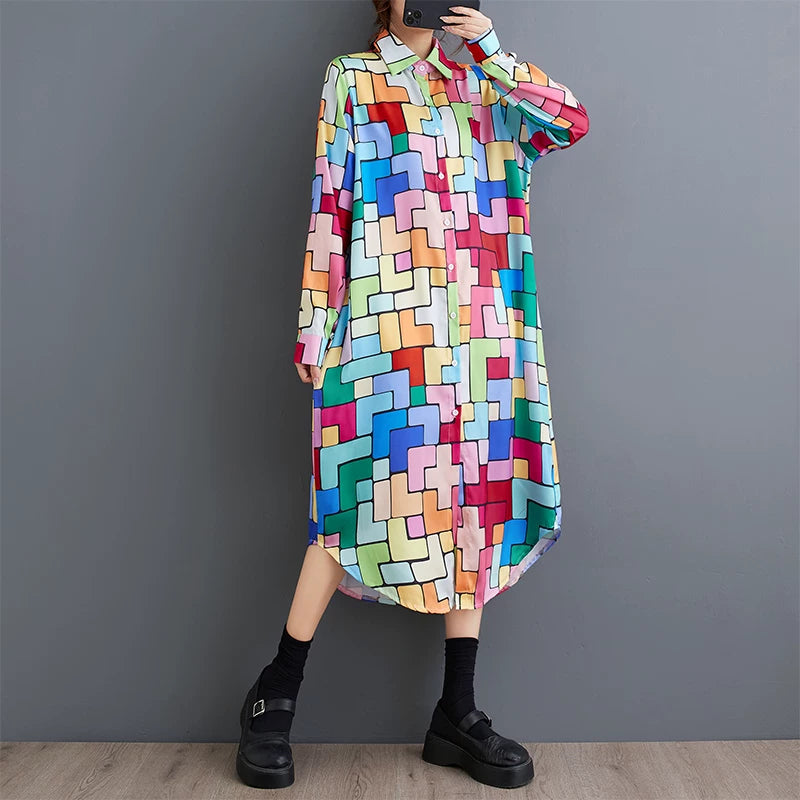 【ワンピース】プリント柄アシンメトリーシャツワンピース レディース 秋新作 大きいサイズ 長袖 ゆったり ロング丈 カジュアル【JZシリーズ】