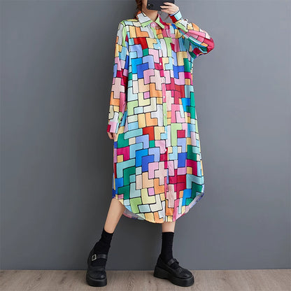 【ワンピース】プリント柄アシンメトリーシャツワンピース レディース 秋新作 大きいサイズ 長袖 ゆったり ロング丈 カジュアル【JZシリーズ】