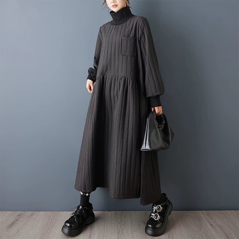 【ワンピース】インポート風 個性派デザイン ハイネック ダークモード 長袖ワンピース ゆったり Aライン レイジーカジュアル ロングドレス【AHシリーズ】