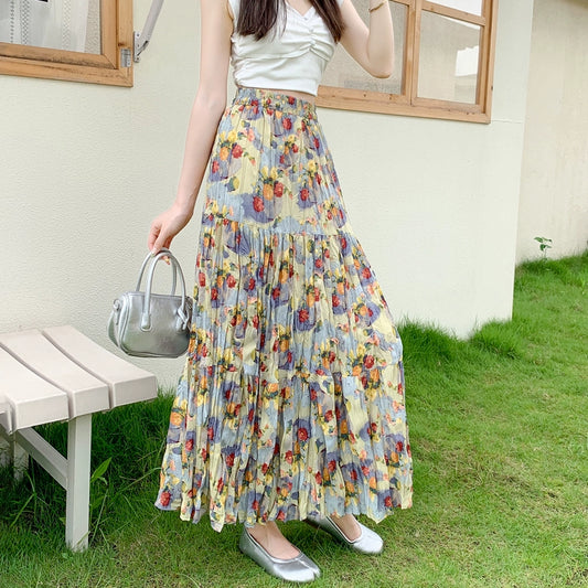 【ボトムス】上品 花柄プリーツスカート ロング丈 Aライン 体型カバー 夏 美シルエットで即細見え【SHシリーズ】