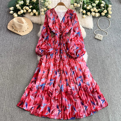 【ワンピース】大人フェミニン♡フレンチレトロ 長袖 花柄ワンピース｜ウエストマーク＆パフスリーブで細見え【SHシリーズ】