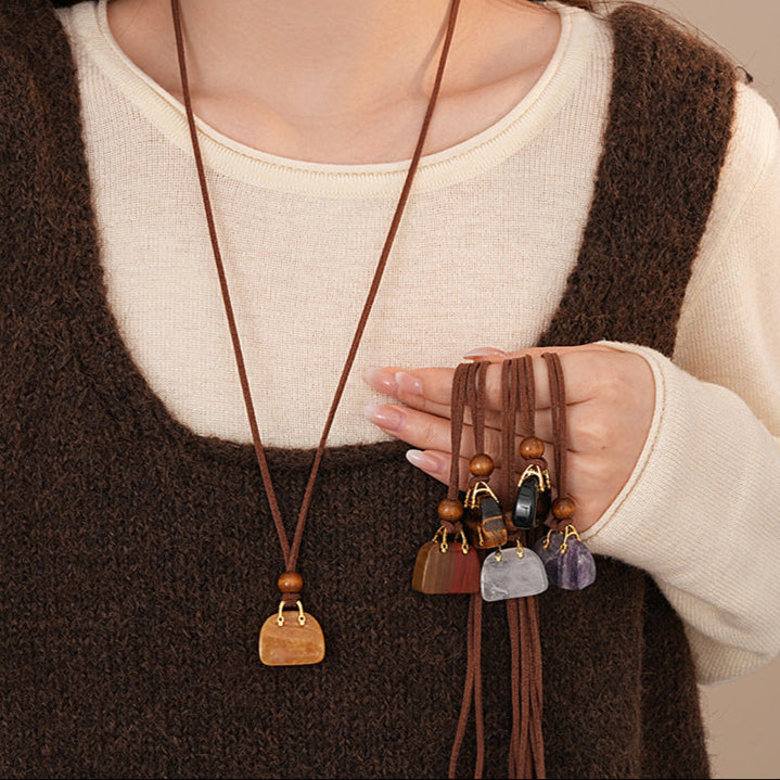 【🎁 B2G1｜先行スタート！】【グッズ】韓国風 カラフル人工タイガーアイ バッグネックレス  ニットチェーン レトロ 高級感 アクセサリー