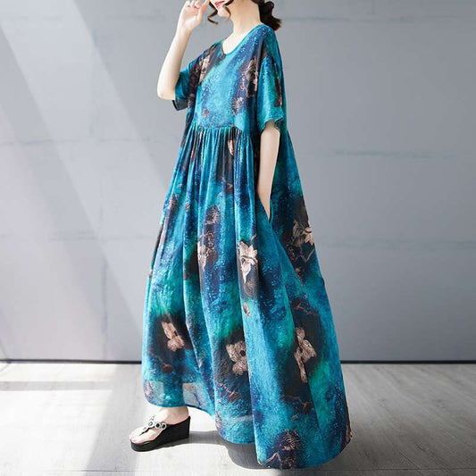 【ワンピース】夏新作 花柄 ゆったり快適 クルーネックプリント半袖ワンピース【SHシリーズ】