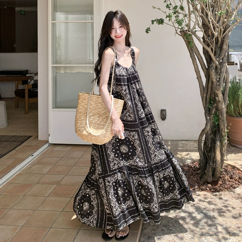 【ワンピース】夏 ブラック×エスニック風 大人上品ノースリーブ  キャミソールロングワンピース【SHシリーズ】