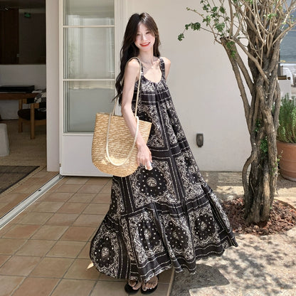 【ワンピース】夏 ブラック×エスニック風 大人上品ノースリーブ  キャミソールロングワンピース【SHシリーズ】