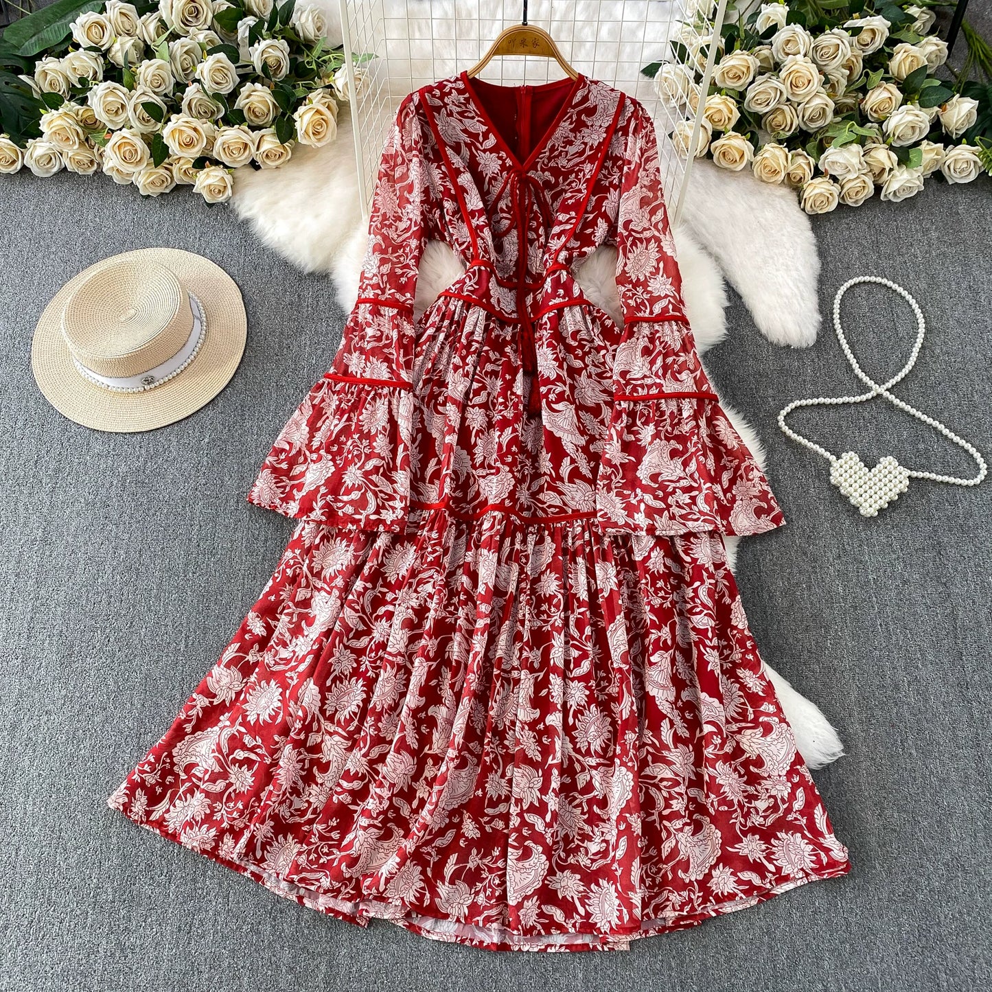 【ワンピース】大人エレガント♡フレンチレトロ 長袖 フリルワンピース｜ウエストマークで細見え【SHシリーズ】