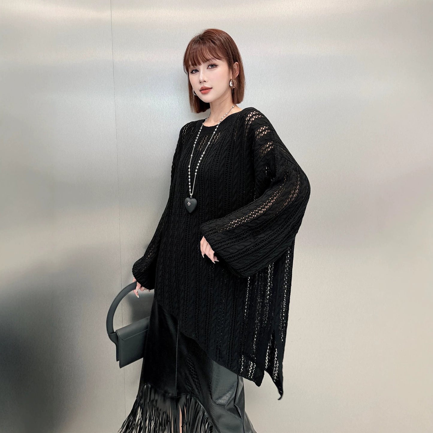 【トップス】リラックス透かし編みロングニット レディース ゆったり クルーネック 秋コーデ【AHシリーズ】
