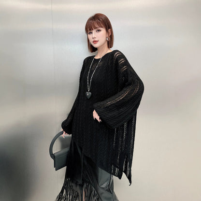【トップス】リラックス透かし編みロングニット レディース ゆったり クルーネック 秋コーデ【AHシリーズ】