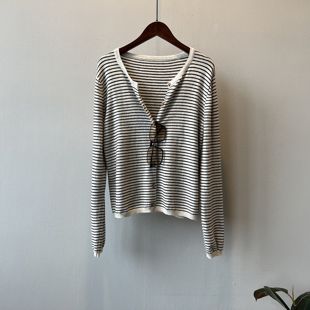 【トップス】バイカラーストライプが映える！韓国風薄手ニットカーディガン｜体型カバーも叶う秋トップス【JZシリーズ】
